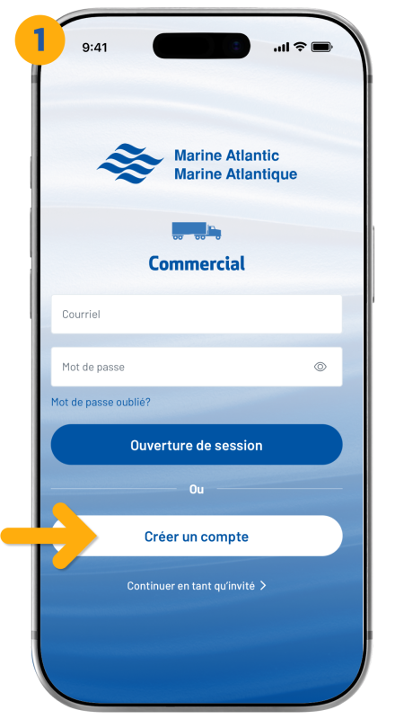 arrow pointing to create an account button
