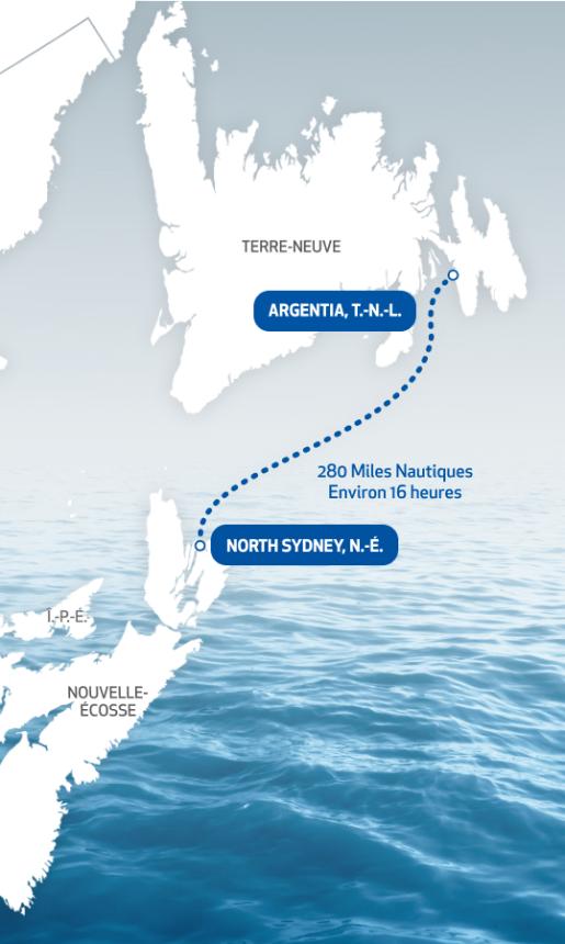 Route Map of North Sydney, Nova Scotia to Argentia, Newfoundland and Labrador